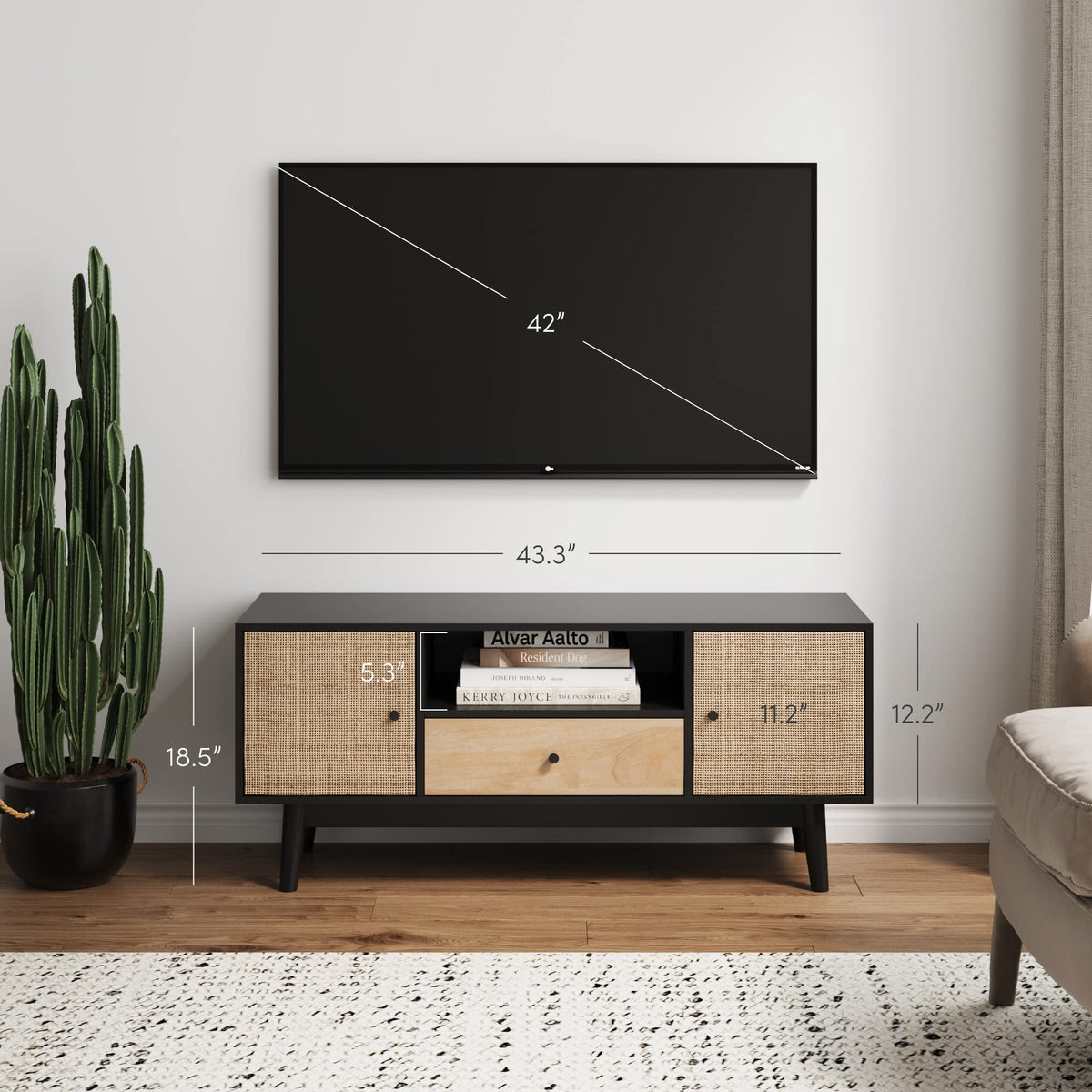 Black Oak Rattan TV Stand with Storage Doors Z621