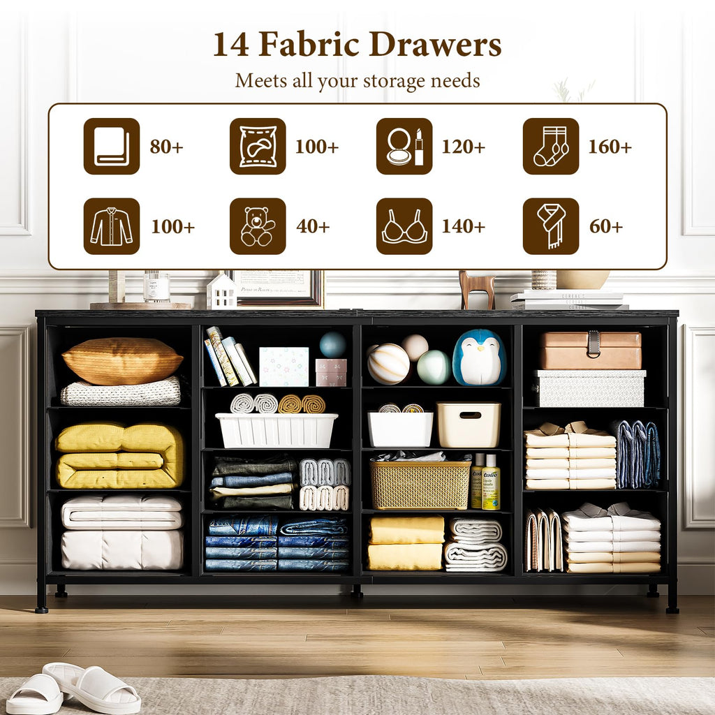 63 Inch TV Stand with 14 Fabric Drawers, Black V2875