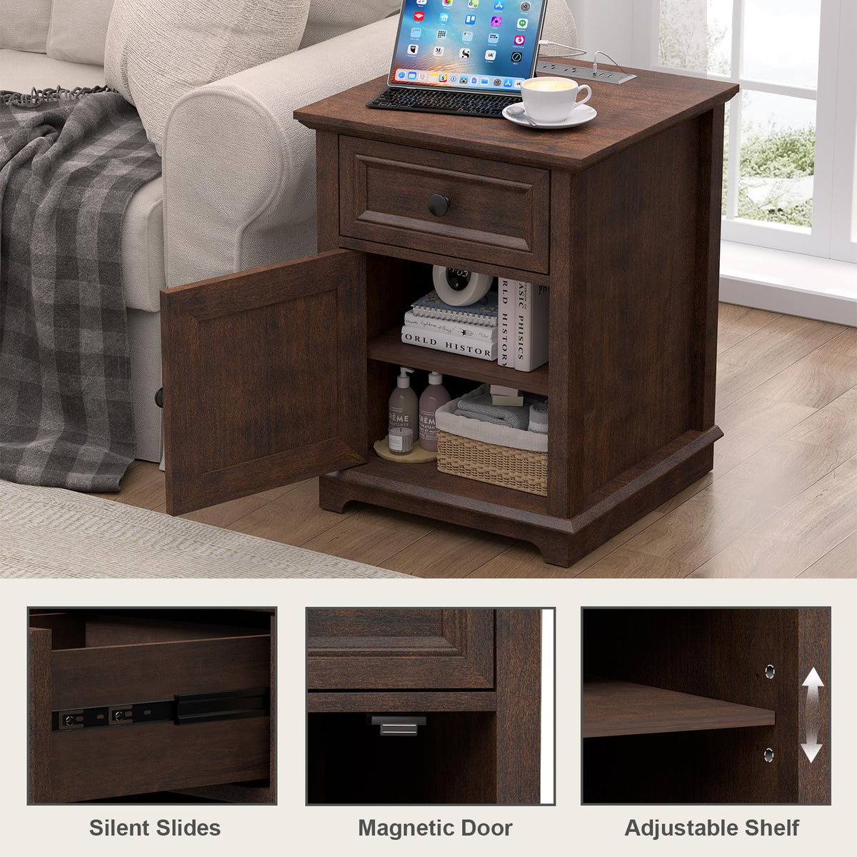 24" Tall End Table with Charging Station, Drawer & Storage Cabinet, Cherry B68803