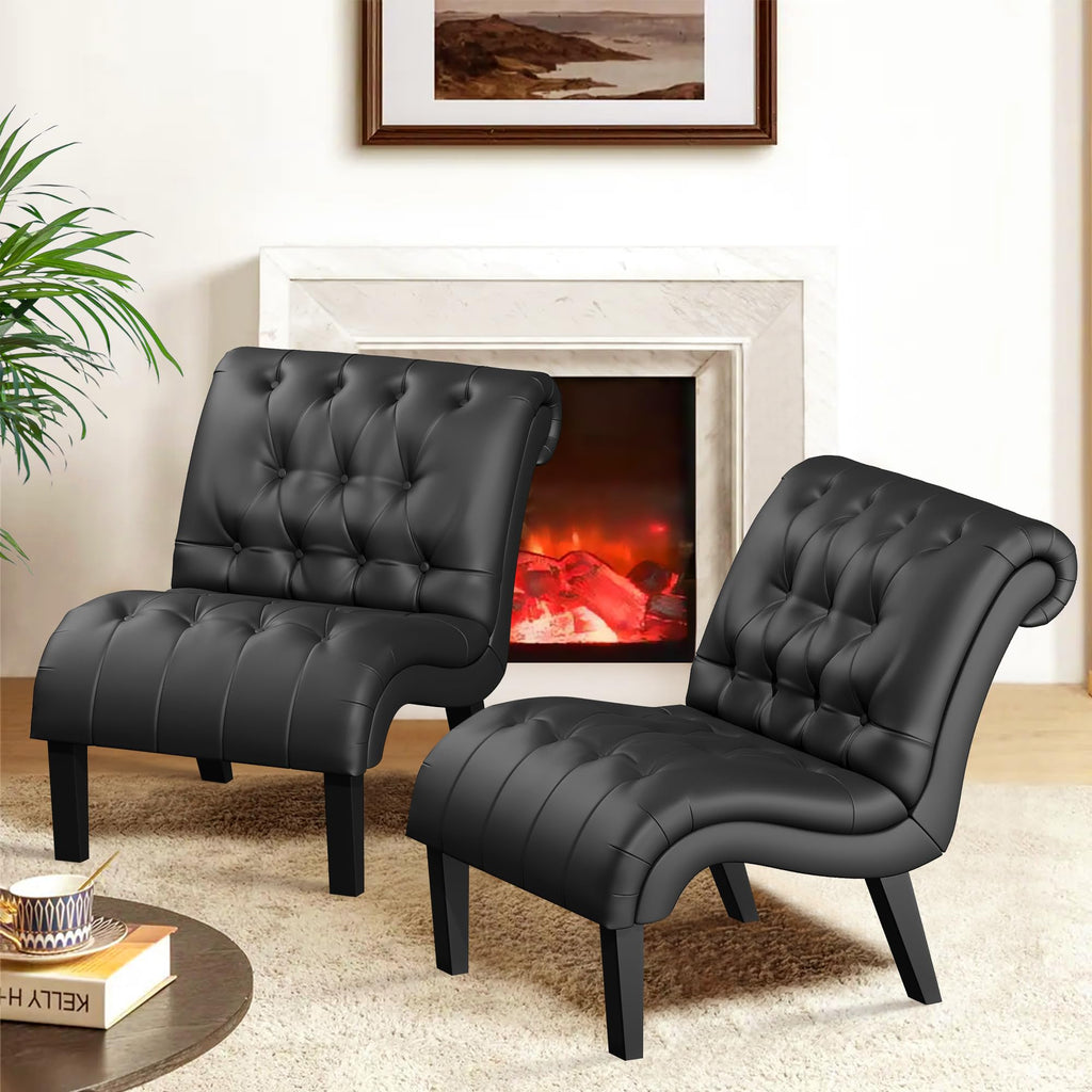 Black PU Leather Armless Accent Chair Set of 2 U96302