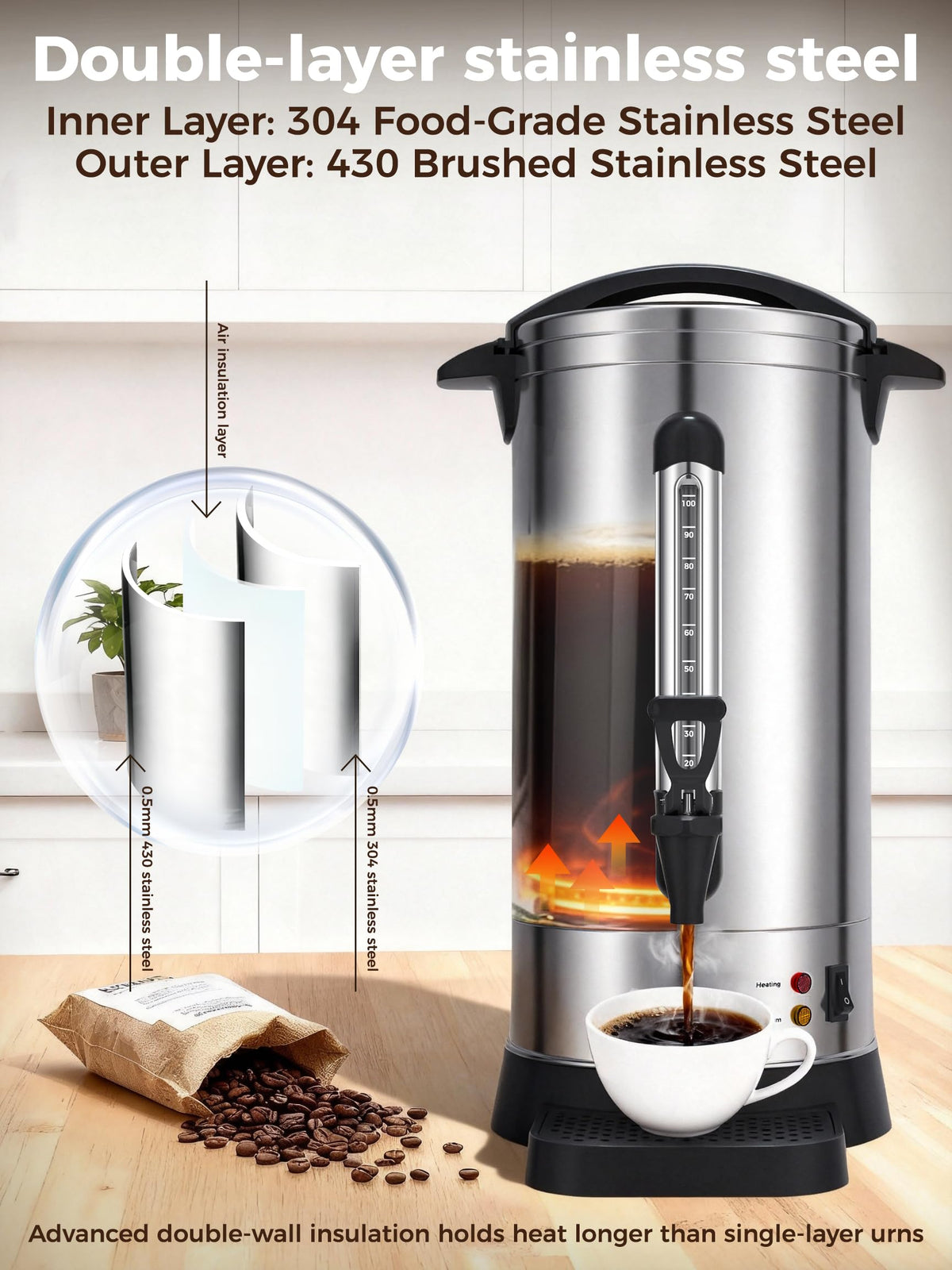 100-Cup Commercial Coffee Urn 15L Stainless Steel Percolator Z230336