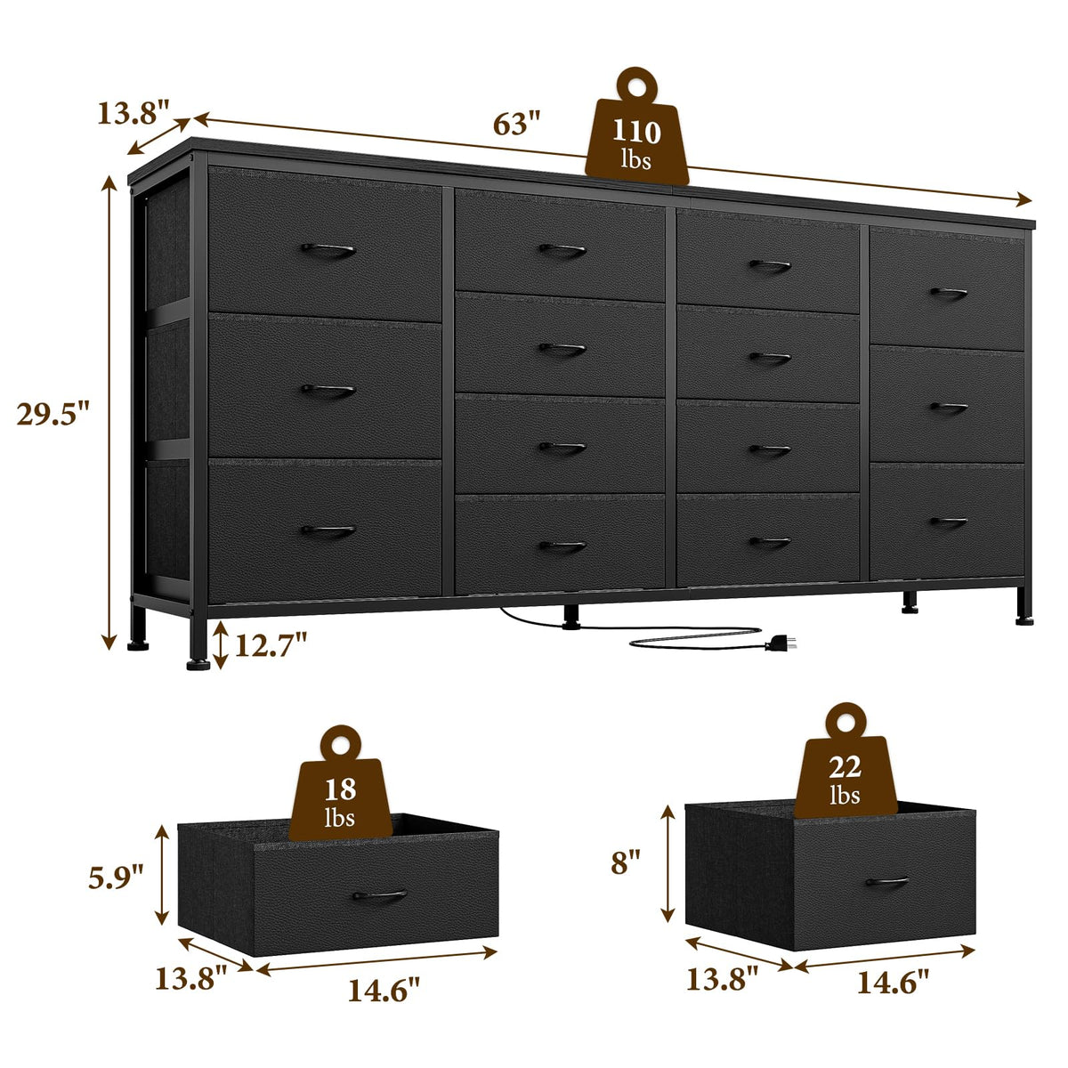 63 Inch TV Stand with 14 Fabric Drawers, Black V2875