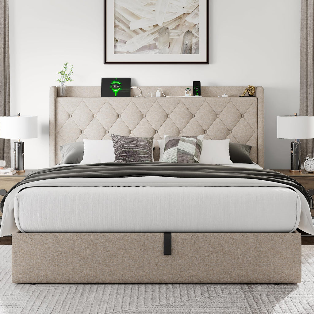 Queen Size Lift Up Storage Upholstered Bed Frame with Charging Station Y40344