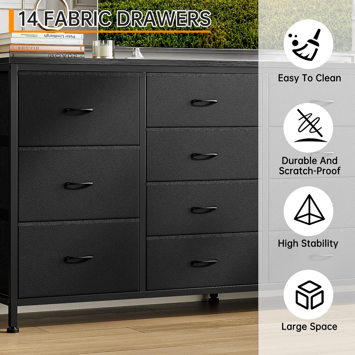 63 Inch TV Stand with 14 Fabric Drawers, Black V2875