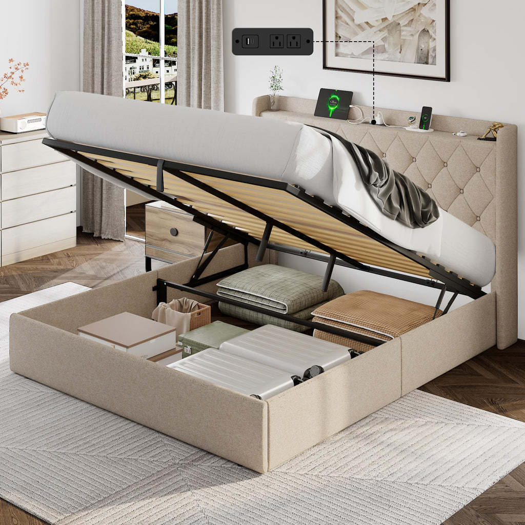 Queen Size Lift Up Storage Upholstered Bed Frame with Charging Station Y40344