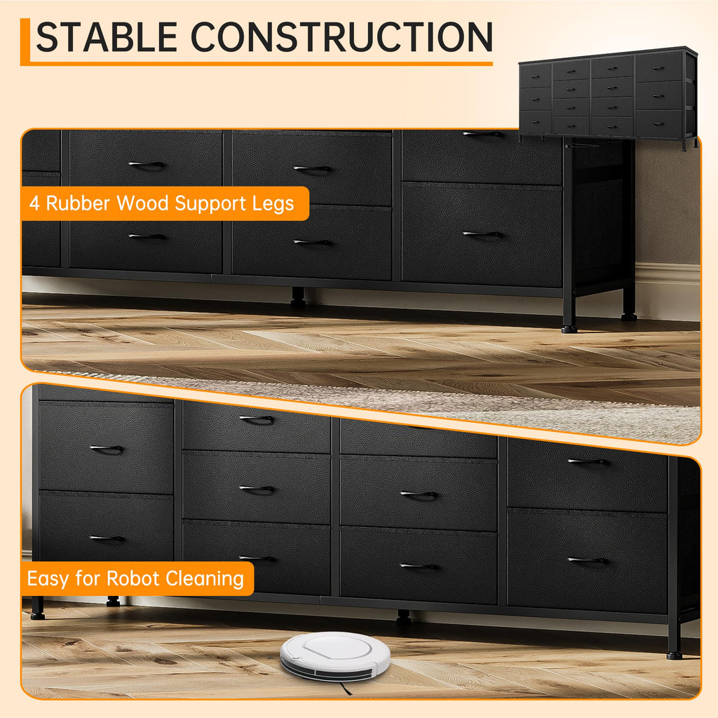 63 Inch TV Stand with 14 Fabric Drawers, Black V2875