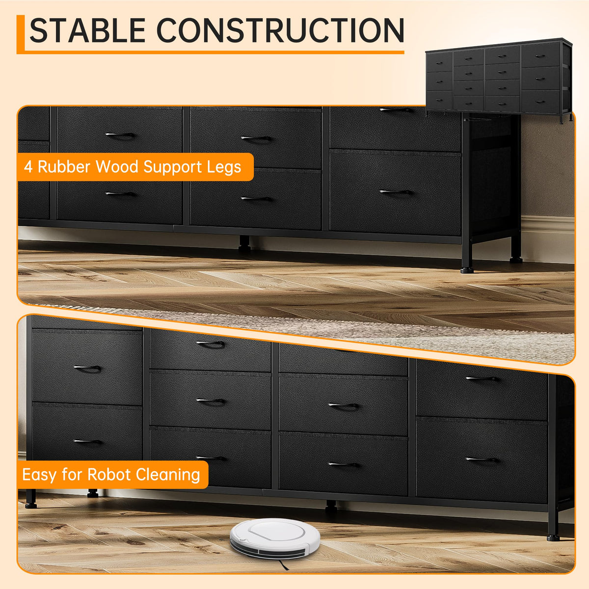 63 Inch TV Stand with 14 Fabric Drawers, Black V2875