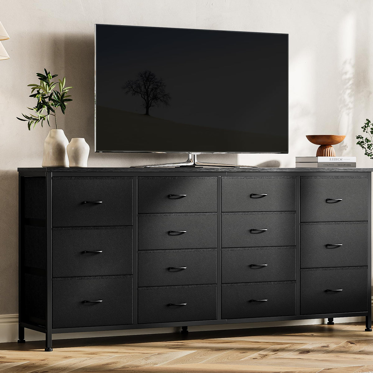 63 Inch TV Stand with 14 Fabric Drawers, Black V2875