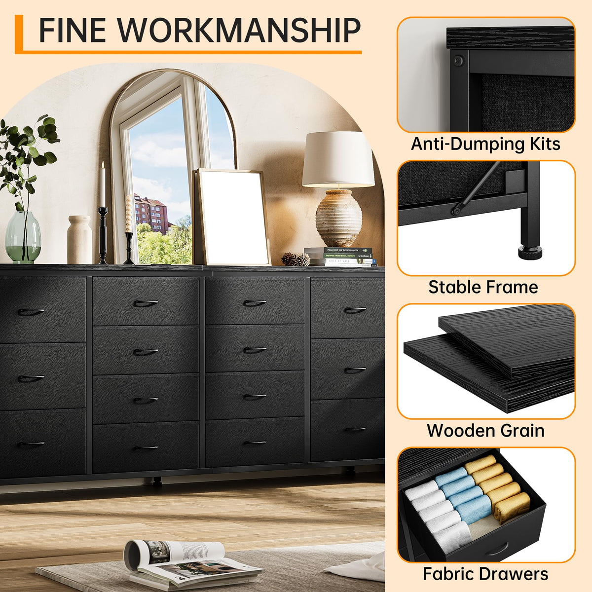63 Inch TV Stand with 14 Fabric Drawers, Black V2875