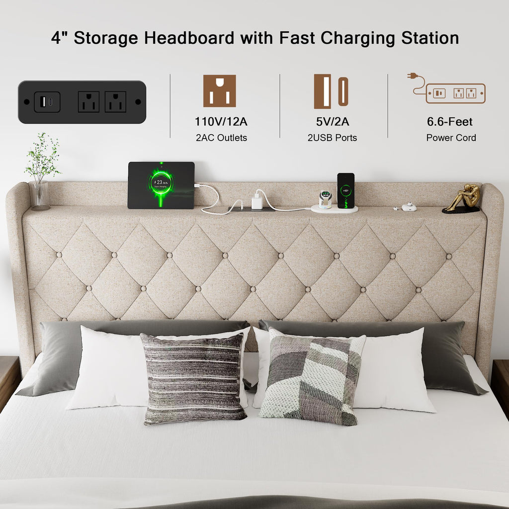 Queen Size Lift Up Storage Upholstered Bed Frame with Charging Station Y40344